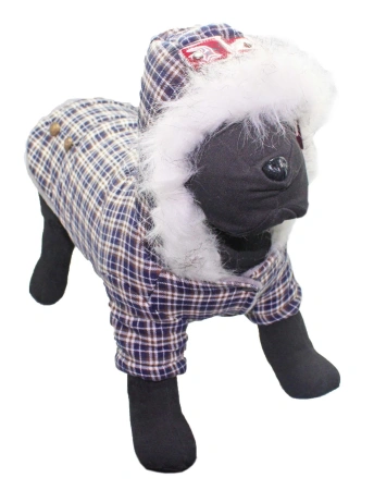 УЮТ Зимнее пальто для собак в клетку с мех. капюшоном, на кнопках 40см, голубое, 2XL, (1*60)