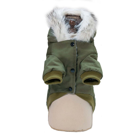 УЮТ Зимнее пальто для собак на кнопках, с меховым капюшоном, 20см, зеленое, S, (1*100)