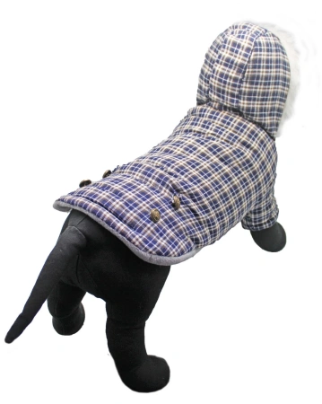 УЮТ Зимнее пальто для собак в клетку с мех. капюшоном, на кнопках 40см, голубое, 2XL, (1*60)