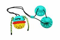 №1  Игрушка интерактивн. д/собак Тяни-Кусай,две присоски,75см,бирюз.-желт.шипов.мяч с веревкой,1*40ш