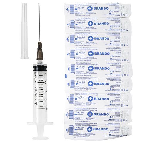 Шприц 5мл 3-х комп, с иглой 0,7*38мм, 150шт в упак(Брандо)