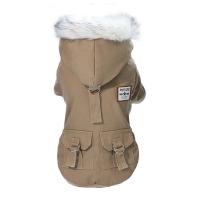 УЮТ Зимнее пальто для собак на кнопках, с меховым капюшоном, 20см,  цвета хаки, S, (1*100)