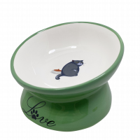 №1 Миска керамическая, зеленая на ножке, с котом 13x13x9,5см, 120мл, 1*24шт