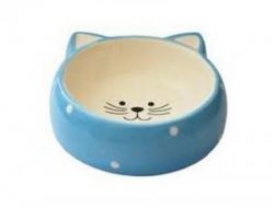 №1 Миска керамическая в форме мордочки кошки, голубая, горох 12,5*12,5*3,8см, 180мл, 1*48шт