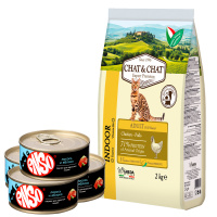 Chat&Chat Adult INDOOR chicken cух цыпленок д/кошек 2кг+4шт ENSO лосось/яблоко 100гр 