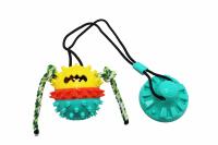  №1 Игрушка интерактив. д/собак Тяни-Кусай,одна присоска,71см,бирюз.-желт.шипов..мяч с веревкой,1*50