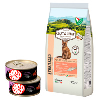 Chat&Chat Adult STERILIZED salmon сух лосось д/стерил кошек 900г+2шт ENSO ягненок/морковь 100гр
