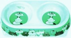 №1 Миска двойная, зеленая, рисунок "кошки", 24,5х13,5см, 180х2 мл, 1х12 (кор.48 шт)