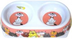 №1 Миска двойная, рисунок "Кошки", меламиновая, 24,5х13,5см, 180х2мл, 1*12 (кор.48шт)