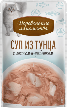 Деревенские лакомства суп из тунца с лососем и гребешком д/кошек 4 шт по 35г*20