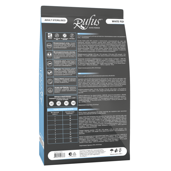 Руфус д/к Стерил. и кастр. кот. Белая рыба сух. 0,4кг.*18 