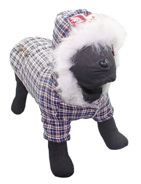 УЮТ Зимнее пальто для собак в клетку с мех. капюшоном, на кнопках 40см, голубое, 2XL, (1*60)