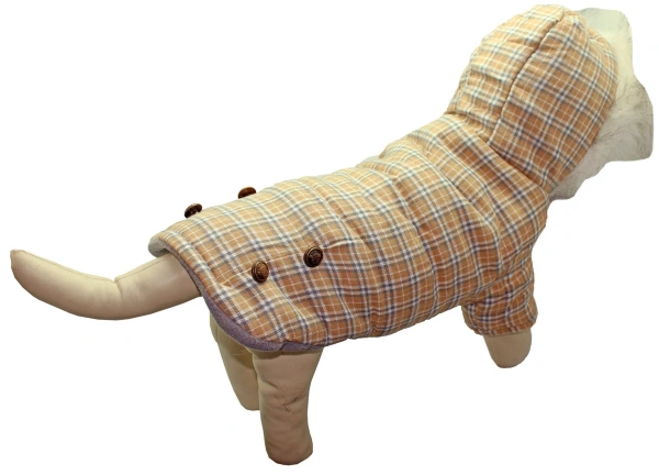 УЮТ Зимнее пальто для собак в клетку с капюшоном, на кнопках, 30см, цвета хаки, L, (1*84)