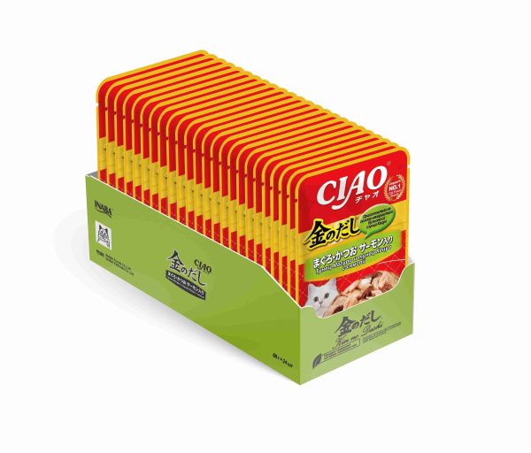 INABA ЧАО КИННОДАСИ пауч д/кошек в желе тунец Магуро и тунец Кацуо с сёмгой 60гр.*24 RU205