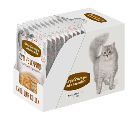 Суп из курицы с креветкой и гребешком, пауч 35г "Деревенские лакомства" *15 шт