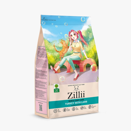 ZILLII Skin & Coat Care Сухой корм для взрослых кошек здоровье кожи и шерсти 400г Индейка с Ягнёнком