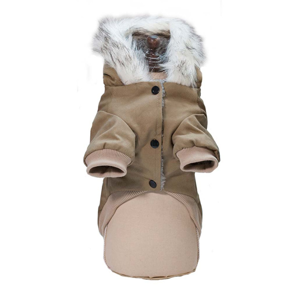 УЮТ Зимнее пальто для собак на кнопках, с меховым капюшоном, 20см,  цвета хаки, S, (1*100)