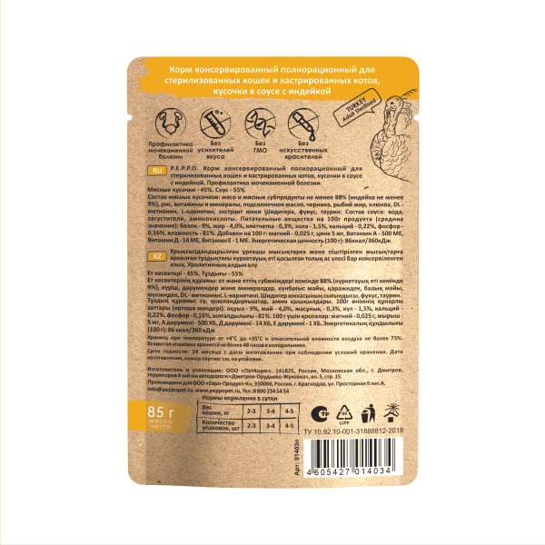 ПЕППО д/к Стерил. и кастр. кот. Проф. МКБ Индейка кусочки в соусе 85 гр. пауч (24шт)
