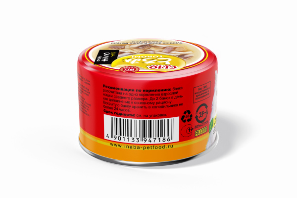 INABA ТОРОМИ влажн. корм ж/б д/кошек в бульоне кур.филе и тунец магуро с кальмаром 80гр.*24шт. RU306