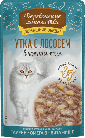 Деревенские лакомства пауч. д/кошек Утка с лососем в нежном желе, 70г